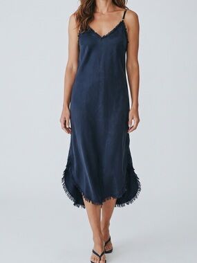 Bella Dahl Navy Tencel Frayed Maxi Slip Dress Medium